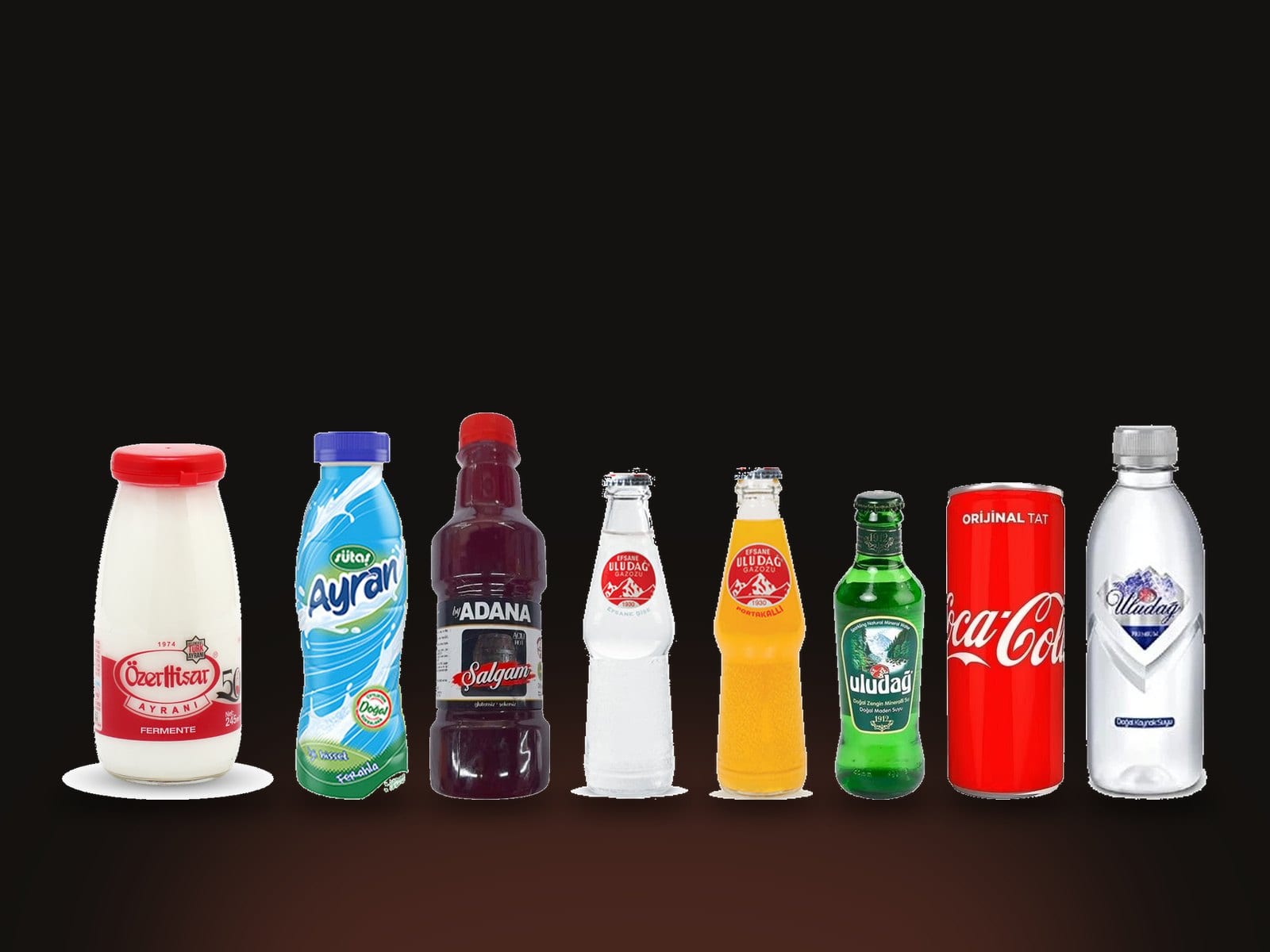 Kokology'de satılan içecekler: Özerhisar ve Sütaş ayran, acılı şalgam, Uludağ gazoz ve maden suyu, Coca-Cola — Bursa Nilüfer Ataevler