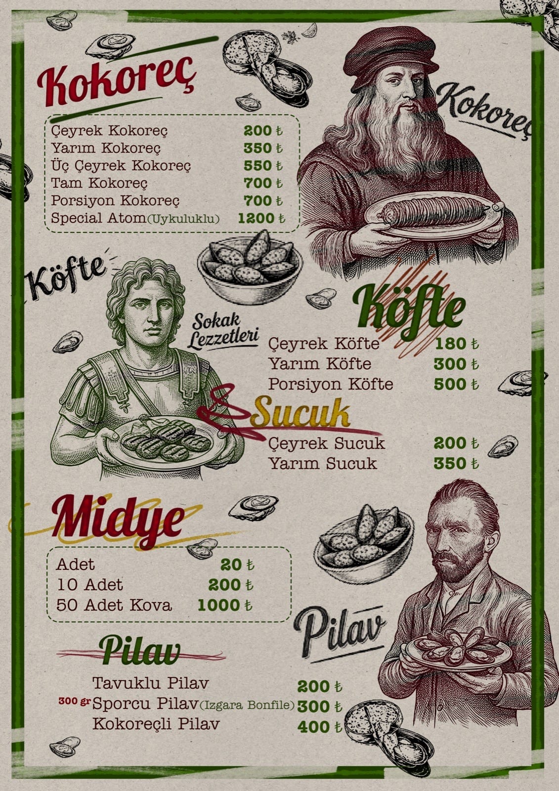 Kokology basılı menüsünün ön yüzü — Bursa Nilüfer Ataevler şubesinin kokoreç, köfte, sucuk, midye ve pilav fiyatları
